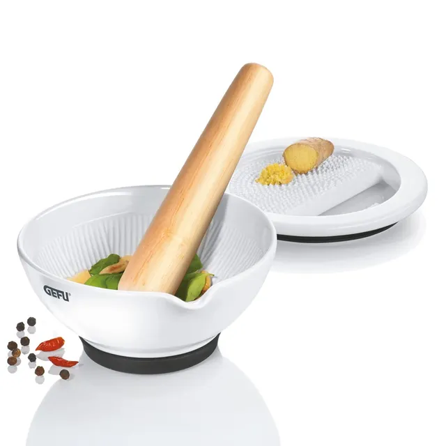 gefu-m-rser-suri-mit-ingwerreibe-porzellanm-rser-mit-holzst-el-rutschfestem-sili image 1