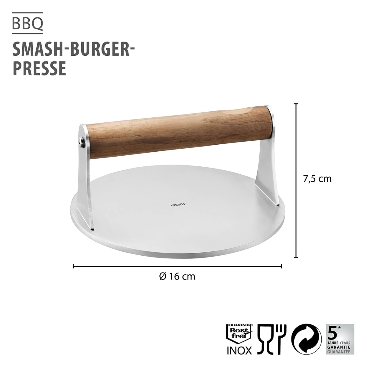 gefu-burgerpresse-bbq-edelstahl-burger-smasher-mit-walnussholzgriff-5-mm-massiv- image 2