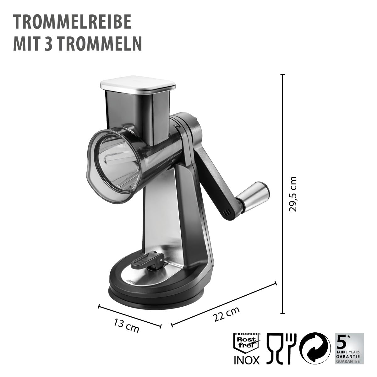 gefu-trommelreibe-mit-3-trommeln-fein-grob-scheiben-manuelle-kurbelreibe-mit-st- image 2