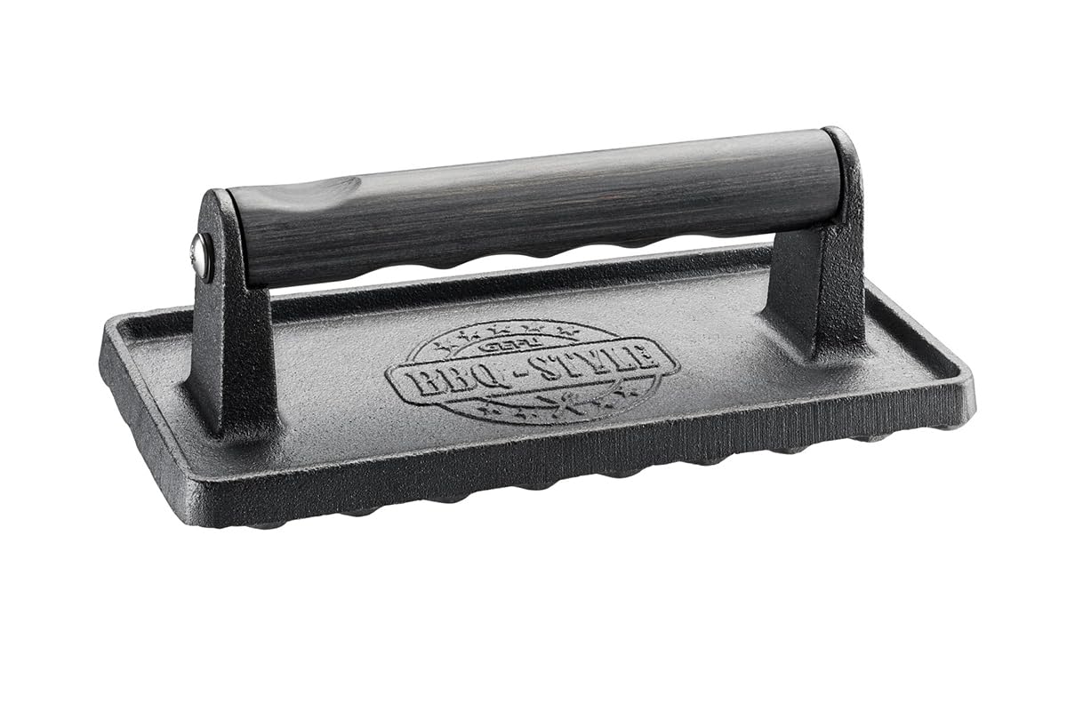 gefu-fleischbeschwerer-bbq-1-kg-gusseisenpresse-mit-holzgriff-rillenstruktur-f-r image 1