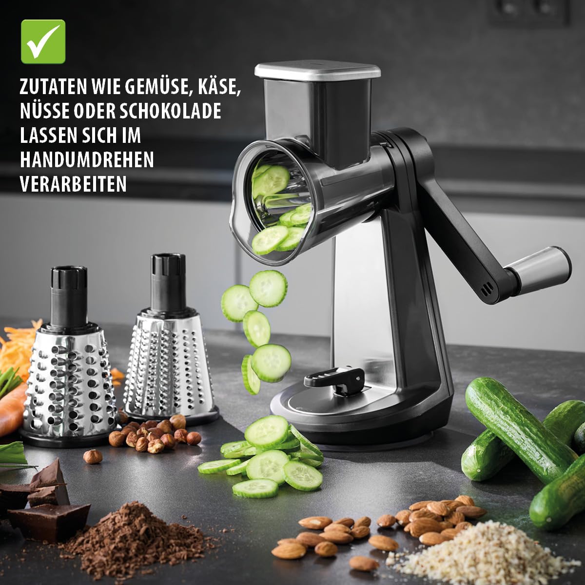 gefu-trommelreibe-mit-3-trommeln-fein-grob-scheiben-manuelle-kurbelreibe-mit-st- image 3