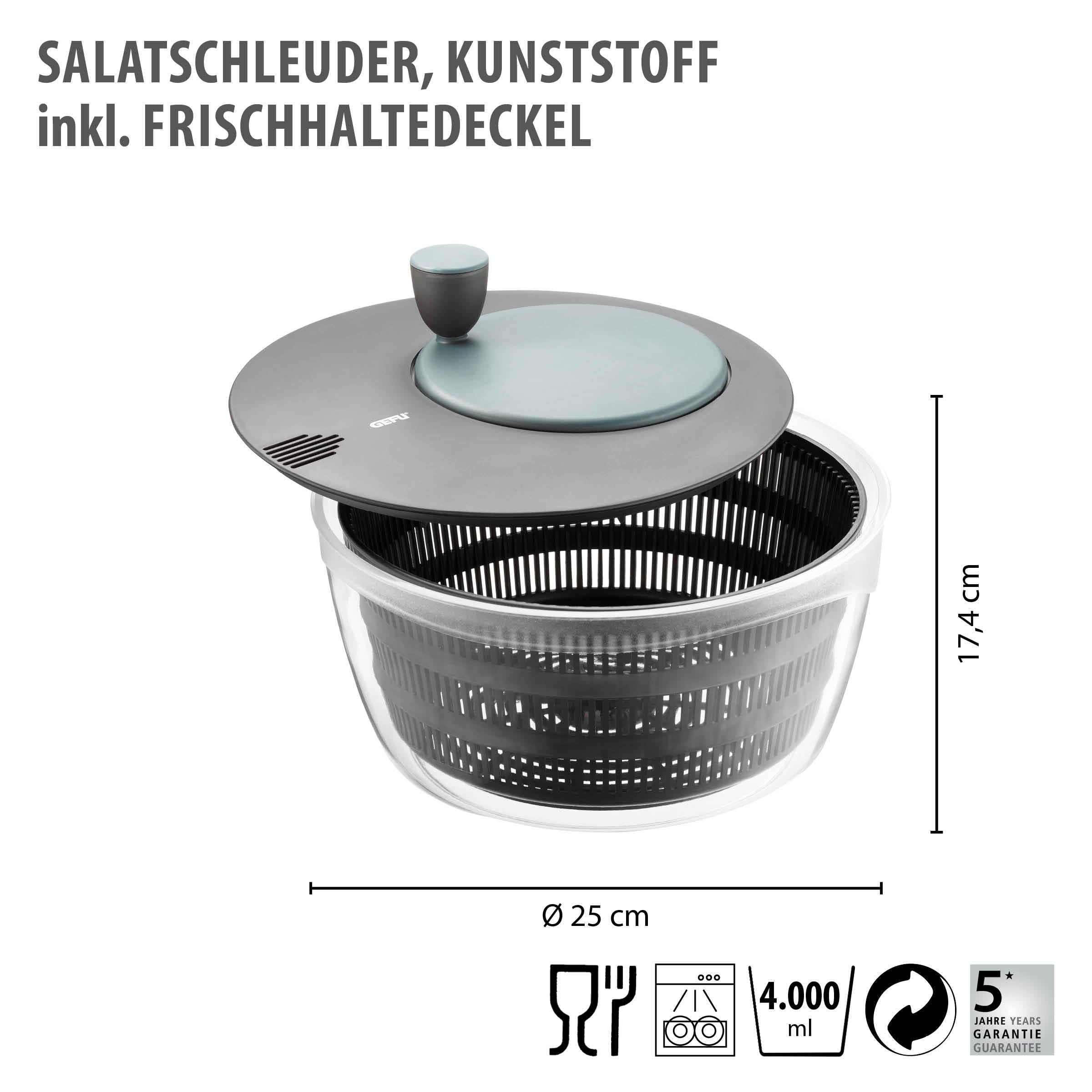 gefu-salatschleuder-4l-mit-frischhaltedeckel-siebeinsatz-kurbelantrieb-4-in-1-sc image 2