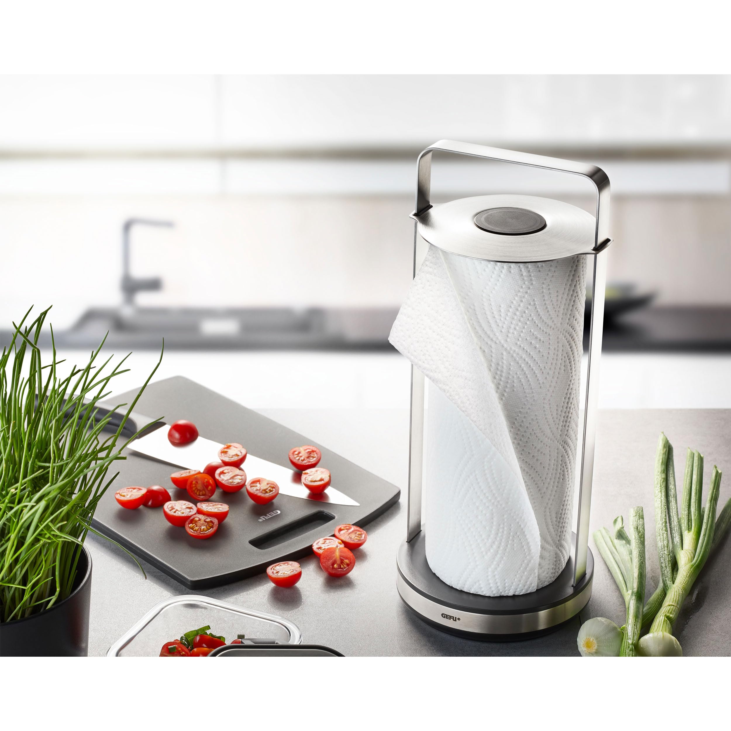 gefu-smartline-k-chenrollenhalter-edelstahl-mit-einhand-abrei-en-gewichtsbasis-r image 2